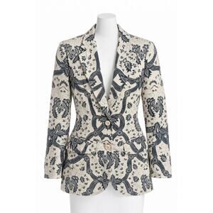 VTG Graphic Silk Blazer Cream Black Womens Small/4 Artsy Statement Power Looks